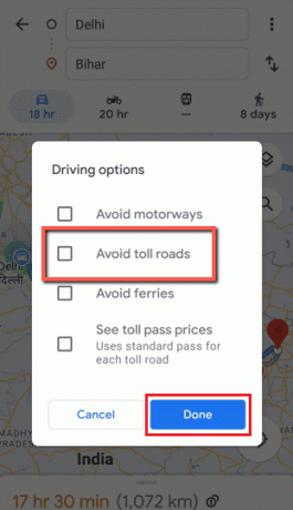 Pulse en Evitar carreteras de peaje - Cuadro Listo para seleccionarlo | Cómo desactivar los peajes en Google Maps