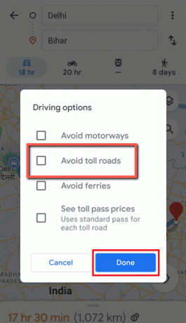 有料道路を避ける - 完了ボックスをタップして選択します | Googleマップで通行料をオフにする方法