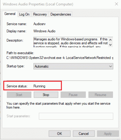 Перевірте статус служби. Якщо на ньому написано «Зупинено», натисніть кнопку «Пуск». З іншого боку, якщо статус виконає, перейдіть до наступного кроку. Виправити не працюючий регулятор гучності Windows 10