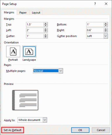 Abra a caixa de diálogo Configuração da página, insira a margem e o tamanho da medianiz, selecione uma posição da medianiz e clique no botão Definir como padrão no canto inferior esquerdo