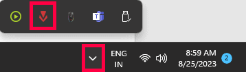 Privremeno onemogućite ili deinstalirajte softver kao što je Riot Vanguard. Da biste ga privremeno onemogućili, kliknite na ikonu strelice prema gore (gdje su sve skrivene ikone) u donjem desnom kutu zaslona.