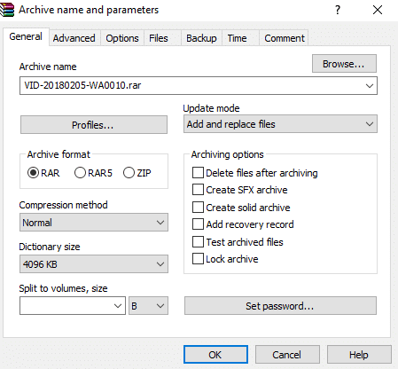 กล่องโต้ตอบจะเปิดขึ้นของชื่อเก็บถาวรและพารามิเตอร์ | 7-Zip กับ WinZip กับ WinRAR (เครื่องมือบีบอัดไฟล์ที่ดีที่สุด)