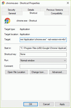 في الحقل الهدف ، في النهاية بعد الأخير " أضف مسافة ثم أضف –ssl-version-mintls1