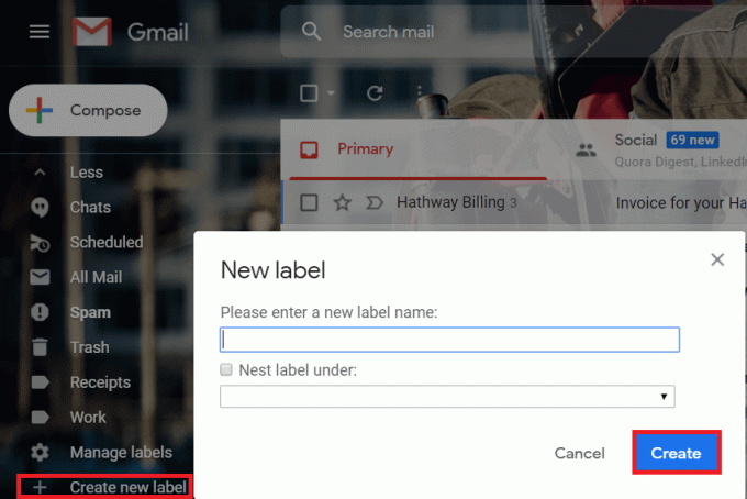 सूची से 'नया लेबल बनाएं' पर क्लिक करें। पसंदीदा लेबल नाम टाइप करें और 'क्रिएट' पर क्लिक करें।
