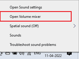 Klik kanan pada ikon Speakers dan Open Volume mixer. Perbaiki Masalah Suara PUBG di PC Windows 10