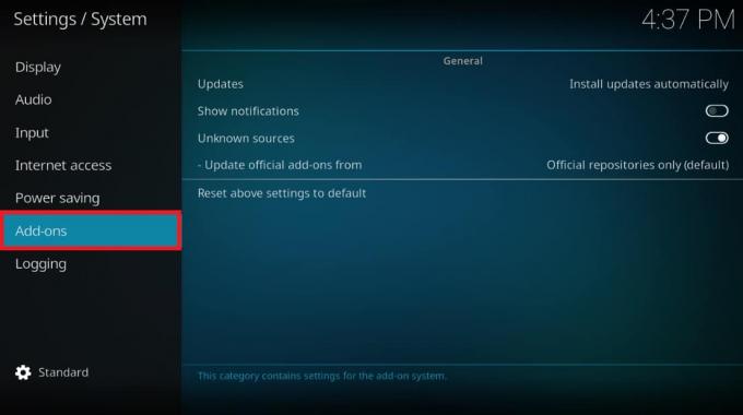 คลิกที่ Add on ที่บานหน้าต่างด้านซ้าย วิธีแก้ไข Kodi หยุดทำงานเมื่อเริ่มต้น