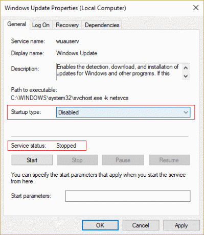 Κάντε κλικ στο stop και βεβαιωθείτε ότι ο τύπος εκκίνησης της υπηρεσίας Windows Update είναι Απενεργοποίηση | Διόρθωση υψηλής χρήσης CPU από το svchost.exe (netsvcs)