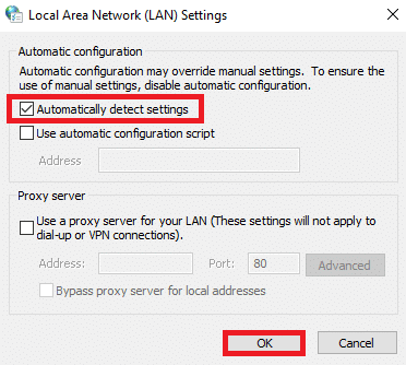 Markera här rutan Identifiera inställningar automatiskt och se till att Använd en proxyserver för ditt LAN är avmarkerad 