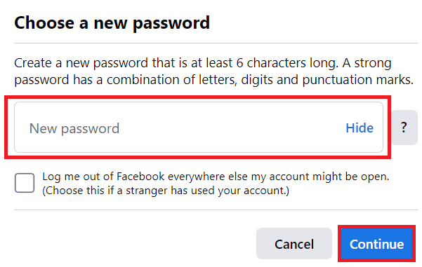 एक नया पासवर्ड दर्ज करें और जारी रखें पर क्लिक करें