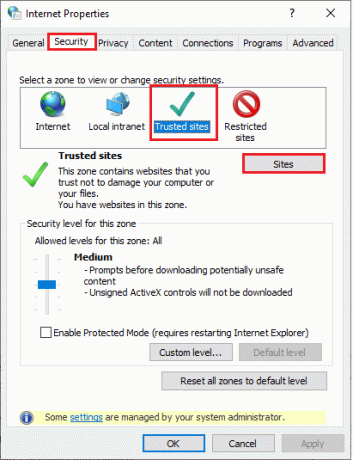 Wechseln Sie auf die Registerkarte Sicherheit und klicken Sie auf das Symbol Vertrauenswürdige Sites, gefolgt von Sites. Beheben Sie den Zoom-Fehler 1132 in Windows 10