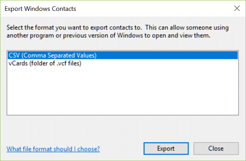 Din expertul Windows Export Contact, selectați vCards (dosarul fișierelor .VCF)