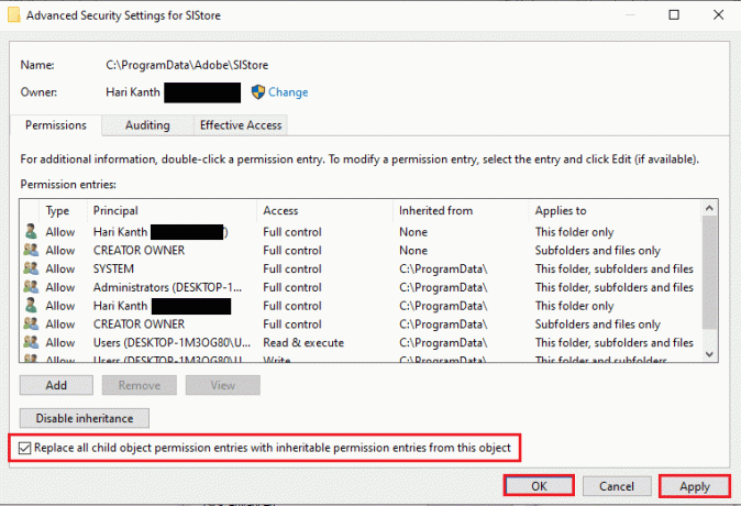 Поставете отметка до опцията Замяна на всички дъщерни записи за разрешения с наследени записи за разрешения от този обект и щракнете върху бутона Приложи. Коригирайте грешка 16 на Adobe After Effects в Windows 10