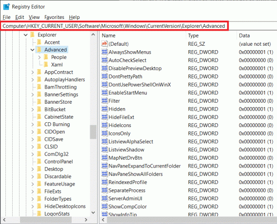 Navigáljon a HKEY_CURRENT_USER szoftverhez Microsoft Windows CurrentVersion Explorer Advanced