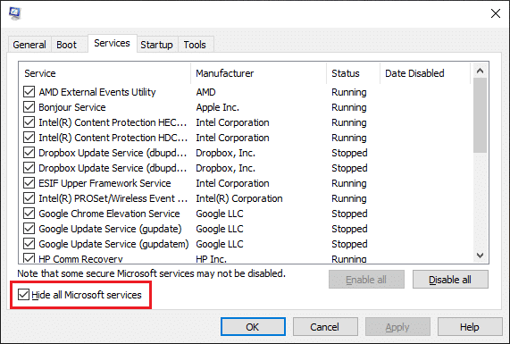 Sada potvrdite okvir pored " Sakrij sve Microsoftove usluge" Izvedite čisto pokretanje u sustavu Windows 10