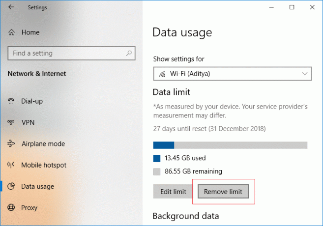 Odstráňte dátový limit pre WiFi a Ethernet v nastaveniach systému Windows 10 | Ako nastaviť dátový limit pre WiFi a Ethernet v systéme Windows 10