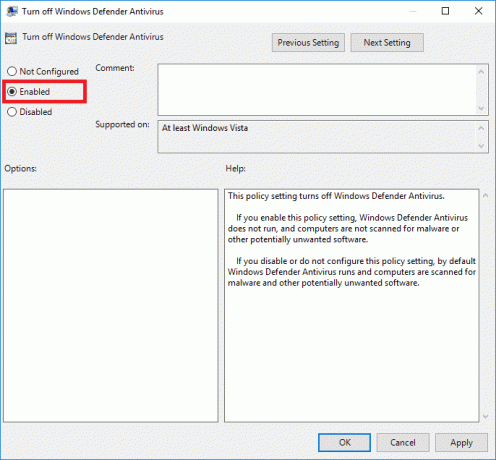 selecione a opção Ativado em Desativar o recurso do Windows Defender no editor de política de grupo local