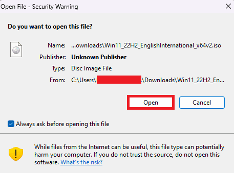 Atinge Deschide odată ce fișierul este descărcat Instalare curată Windows 11 fără USB