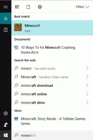 Suche nach Minecraft mit der Suchleiste