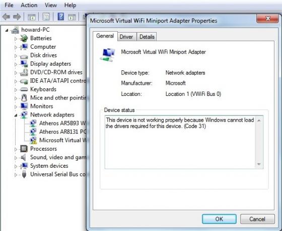 Microsoft वर्चुअल Wifi मिनिपोर्ट एडेप्टर ड्राइवर समस्या (त्रुटि कोड 31)