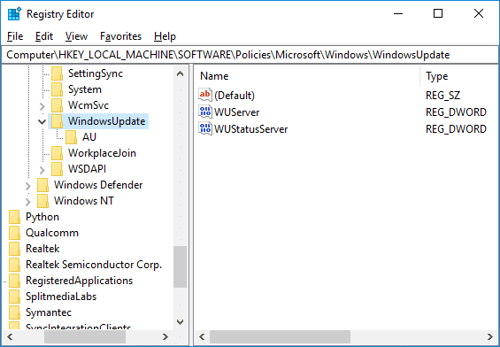 Naviger til WindowsUpdate registreringsdatabasenøgle