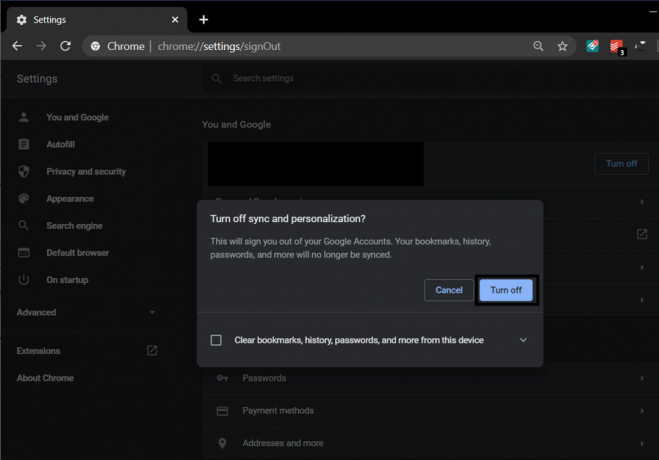 Klicken Sie erneut auf Ausschalten, um zu bestätigen | Fix Google Chrome speichert keine Passwörter