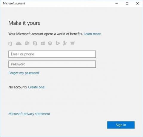 Įveskite „Microsoft“ paskyros kredencialus ir spustelėkite Prisijungti