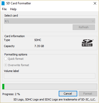 Sie sehen das Fenster SD-Kartenformatierung, das Ihnen den Status der Formatierung Ihrer SD-Karte anzeigt