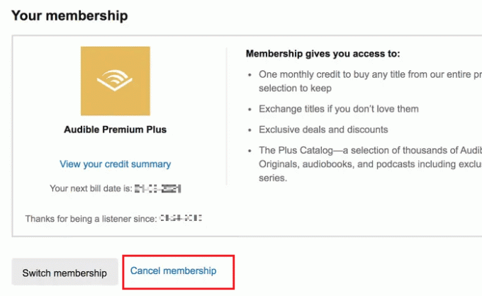 サブスクリプションの詳細の下にある [メンバーシップをキャンセル] をクリックします | スマートフォンで Audible サブスクリプションをキャンセルする