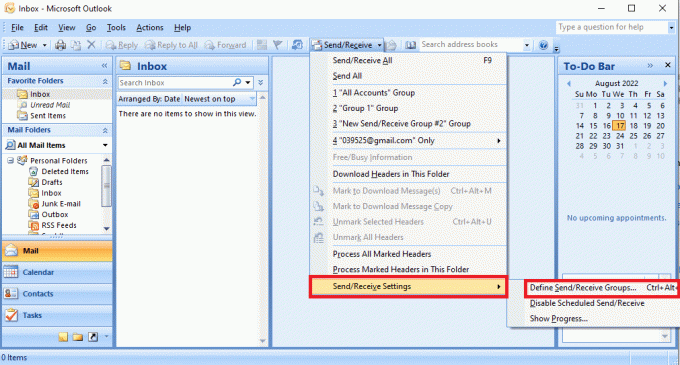 გადადით Send Receive Settings-ზე და დააწკაპუნეთ Define Send Receive Groups…