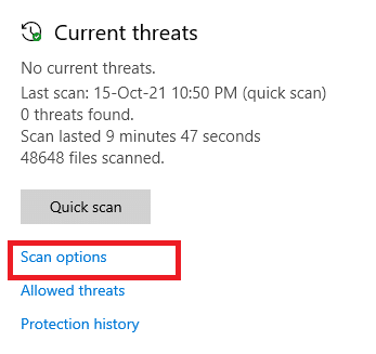 스캔 옵션을 클릭합니다. Windows 10 시작 메뉴 검색이 작동하지 않는 문제 수정