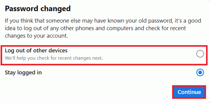 เลือกฟิลด์ออกจากระบบอุปกรณ์อื่นและคลิกที่ดำเนินการต่อ | กู้คืนรหัสผ่าน Facebook ของคุณโดยไม่ต้องใช้รหัส