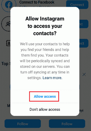 Erlaube Instagram, auf deine Kontakte zuzugreifen