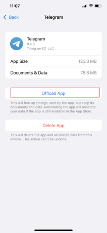 Накрая докоснете Offload App | как да изчистите кеша на телеграмата на iPhone