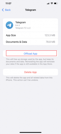 და ბოლოს, შეეხეთ Offload App | როგორ გავასუფთავოთ ტელეგრამის ქეში iPhone-ზე