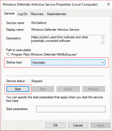 დარწმუნდით, რომ Windows Defender Service-ის დაწყებული ტიპი დაყენებულია ავტომატურზე და დააჭირეთ დაწყებას