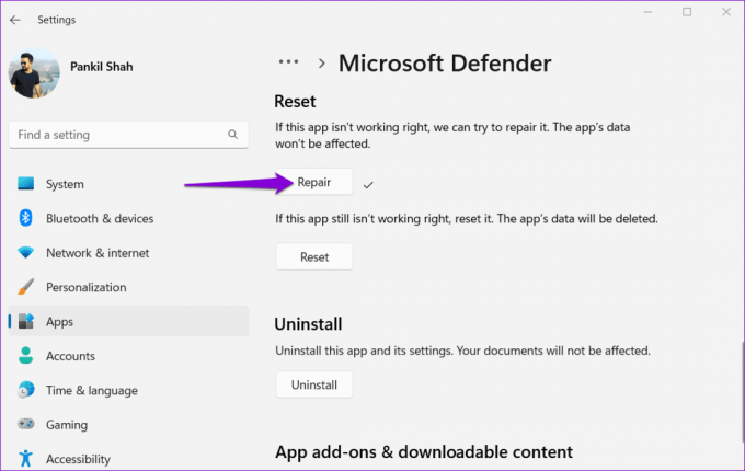 قم بإصلاح تطبيق Microsoft Defender على نظام التشغيل Windows