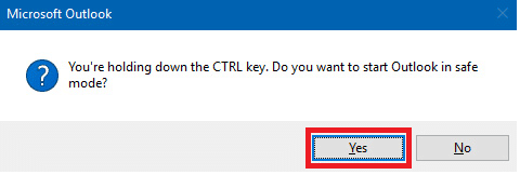 Кликните на дугме Да да бисте покренули Оутлоок у безбедном режиму