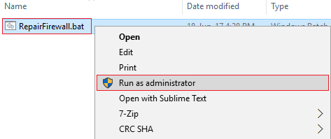 დააწკაპუნეთ მარჯვენა ღილაკით RepairFirewall-ზე და აირჩიეთ Run as administrator