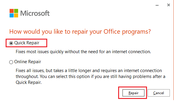 เลือก Quick Repair และคลิกที่ปุ่ม Repair เพื่อดำเนินการต่อ แก้ไข Outlook ค้างเมื่อโหลดโปรไฟล์บน Windows 10