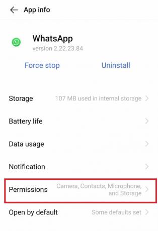 Érintse meg az Engedélyek elemet. 7 módszer a WhatsApp névjegyek szinkronizálását nem végző Android rendszeren