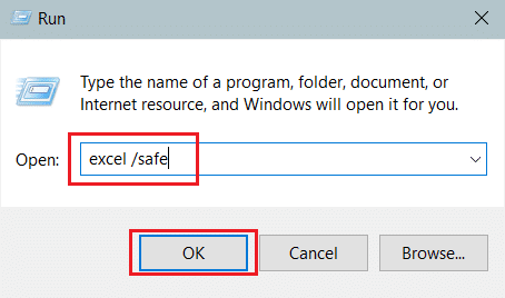 Geben Sie den Befehl ein, um Excel im abgesicherten Modus im Dialogfeld Ausführen zu öffnen, und klicken Sie auf OK. Fix Microsoft Office öffnet sich nicht unter Windows 10
