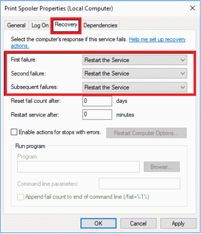 Wechseln Sie zur Registerkarte „Wiederherstellung“ und stellen Sie sicher, dass drei Fehlerregisterkarten auf „Dienst neu starten“ eingestellt sind. Fehler beim Drucken in Windows 10 beheben