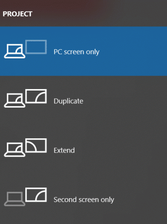 Stiskněte klávesu Windows + P. Vyskočí malý sloupec s různými typy režimu projektu.