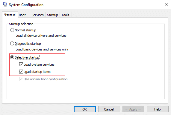 [Selective Startup]にチェックマークを付けてから、[Load systemservices]と[loadstartupitems]にチェックマークを付けます。