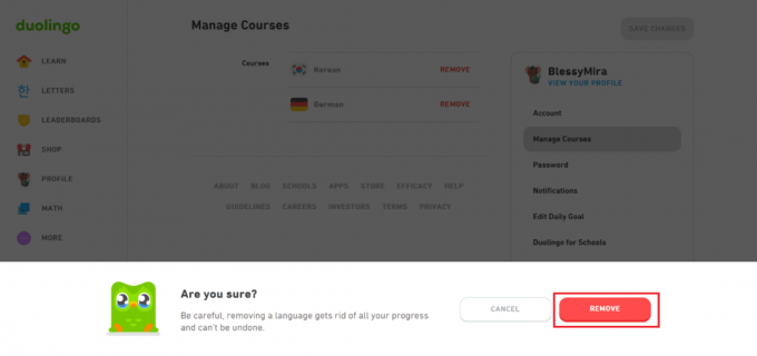 кликнете върху ПРЕМАХВАНЕ в подканата | Как да изтриете език в Duolingo