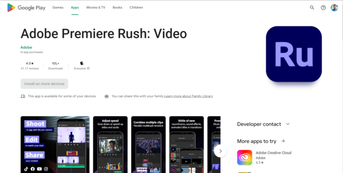 Installationssidan för Adobe Premiere Rush