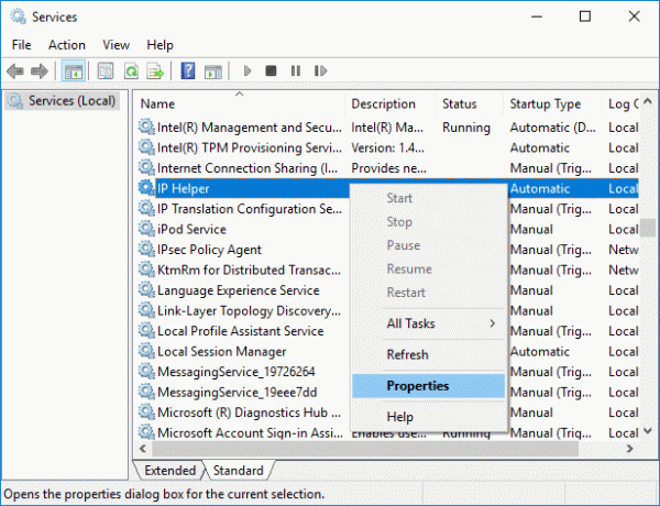 คลิกขวาที่บริการ IP Helper จากนั้นเลือก Properties | แก้ไขการเชื่อมต่อ IPv6 ไม่มีการเข้าถึงอินเทอร์เน็ตบน Windows 10