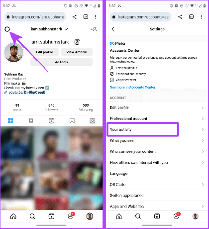 Perfil do Instagram na web no celular