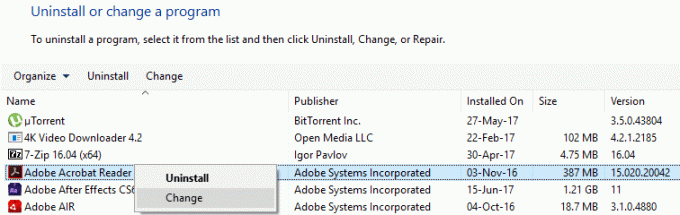 щракнете с десния бутон върху Adobe Acrobat Reader и изберете Промяна