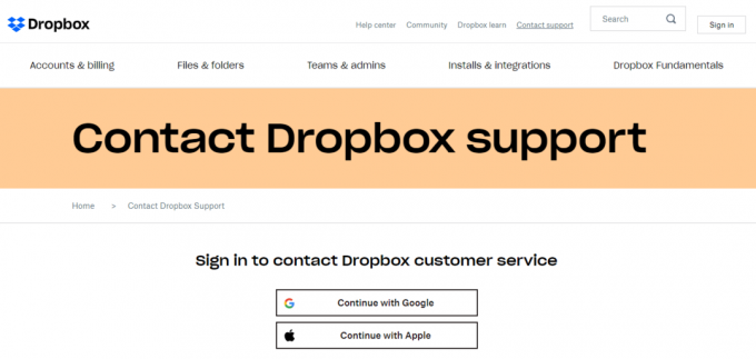 Wenden Sie sich an die Dropbox-Supportseite